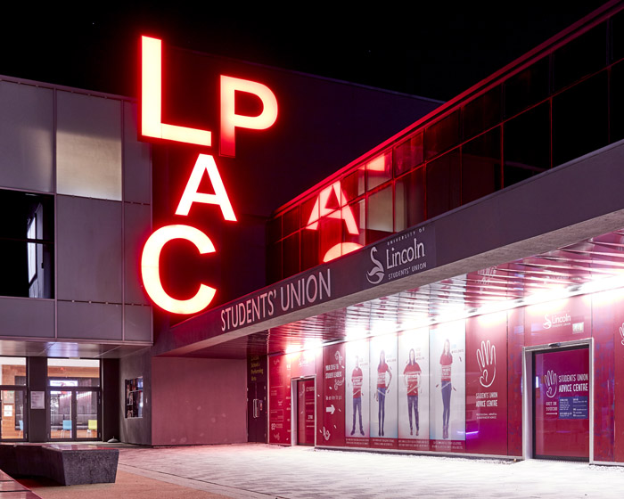 The Lincoln Performing Arts Centre building at night