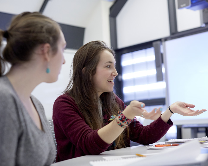 Two students talking and working together in a seminar room