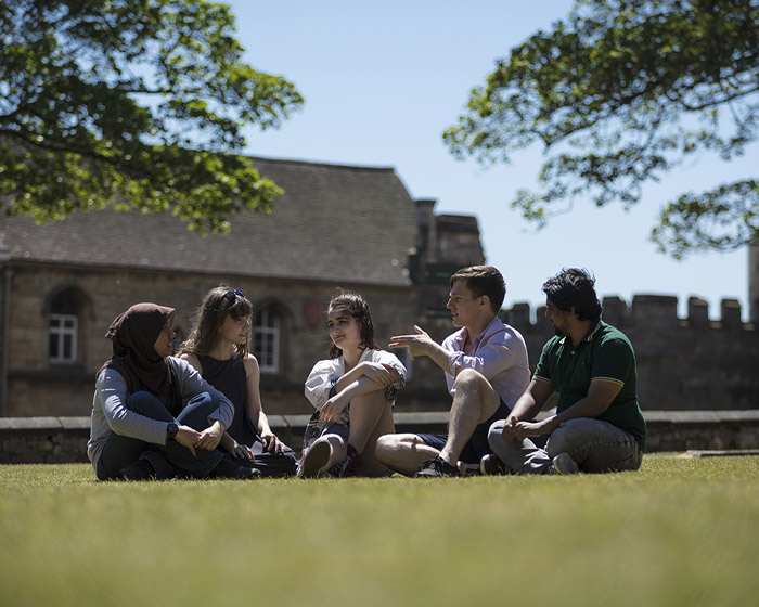 A group of students sitting on the grass and chatting