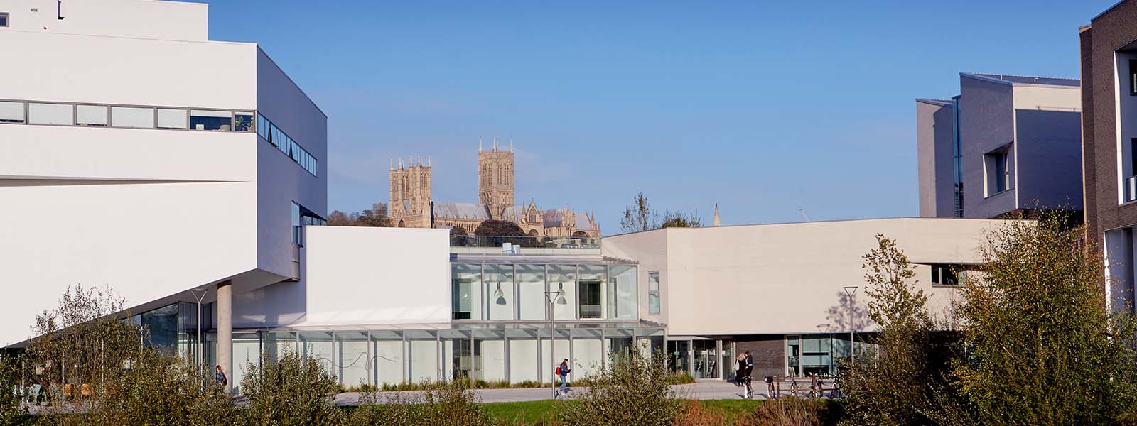 Lincoln Cathedral in the distance with a white building in front