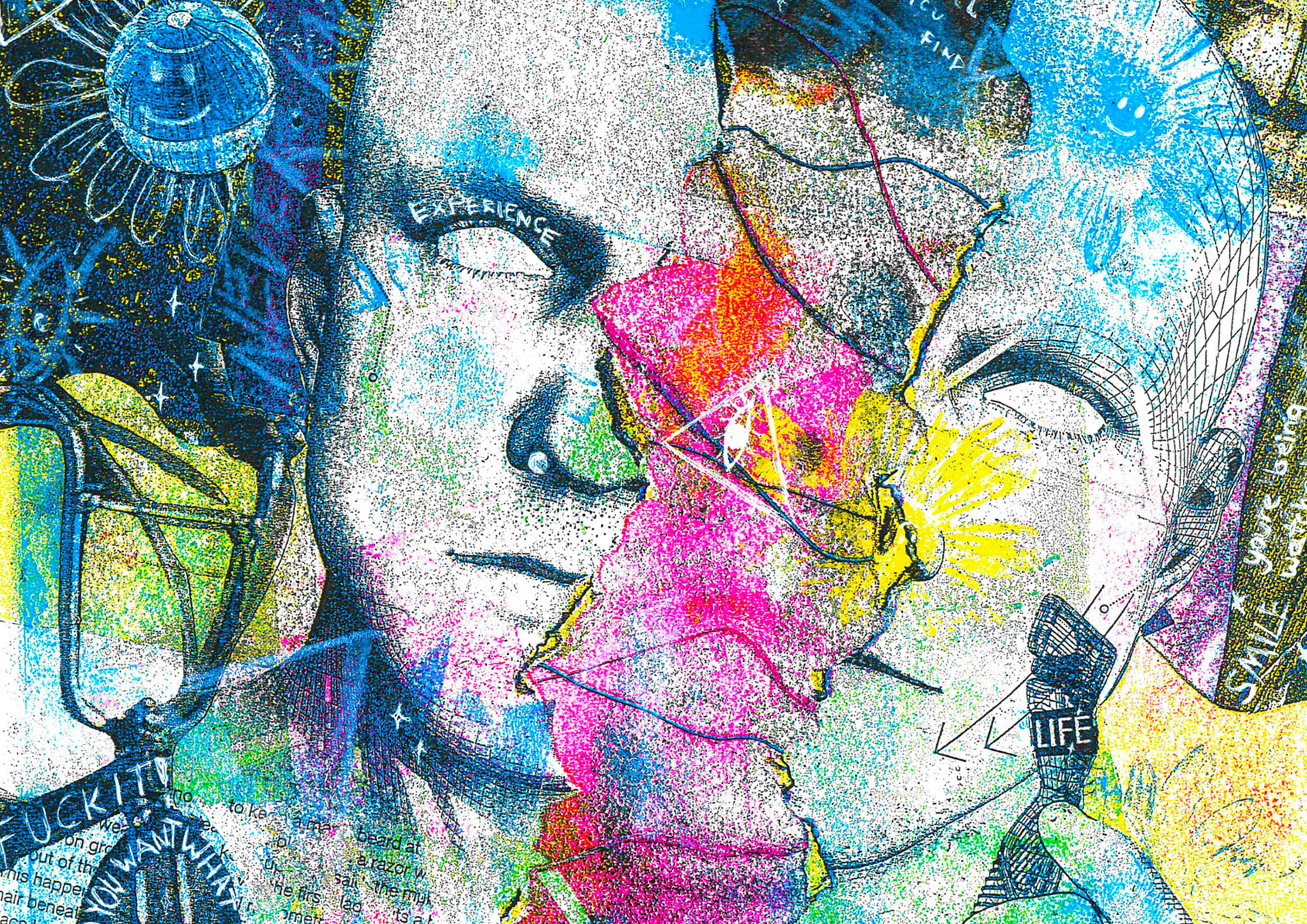 Illustration of a head being split in half with colours escaping.