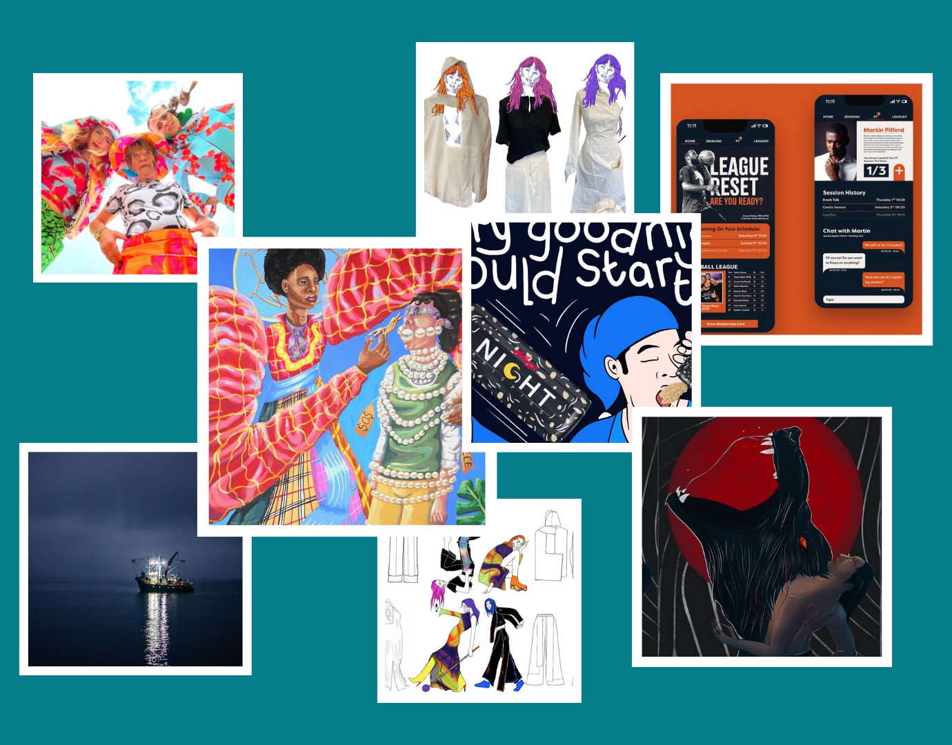Collage of illustrations, fashion concept art, app adverts, and photography.