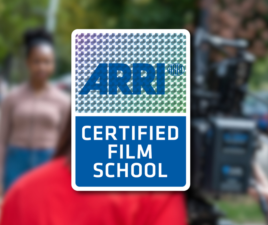 Arri Certified Film School logo upon a blurred out image of a woman being filmed by a camera.