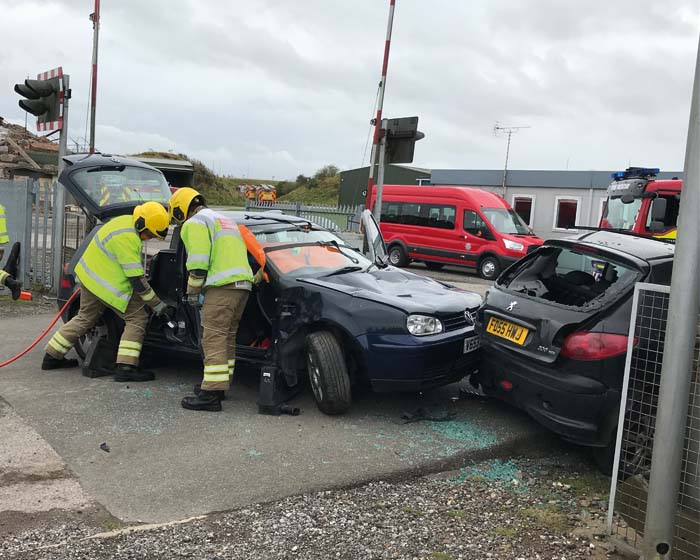 Emergency services simulating a crash crash situation.