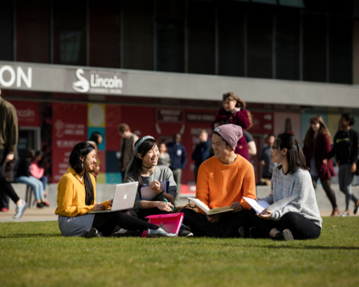 Group of student sat on the grass working