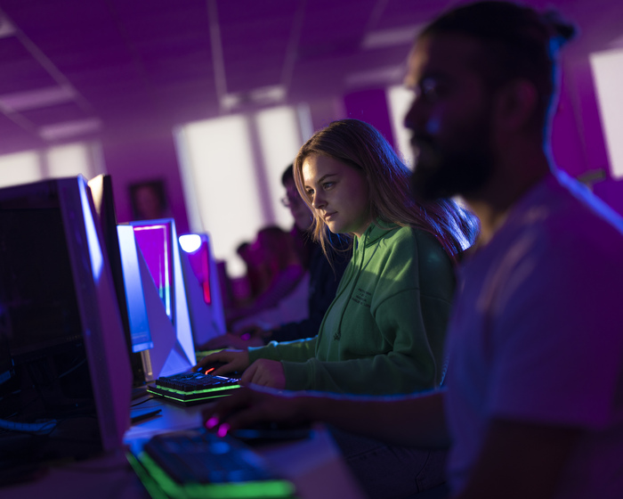 A student on a computer in a computer lab