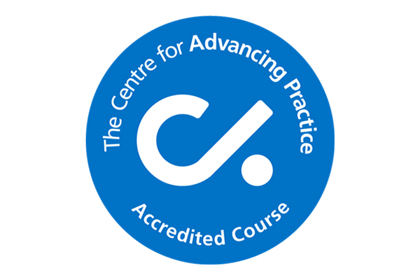 a blue circle with The Centre for Advancing Practice Accredited Course written on it