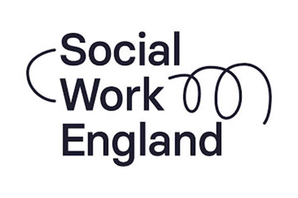 A logo which says Social work England and has a spiral behind it