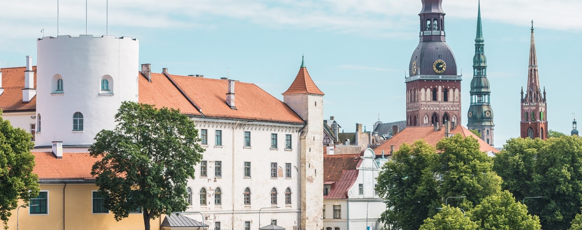 A city scene of churches in Riga, Latvia