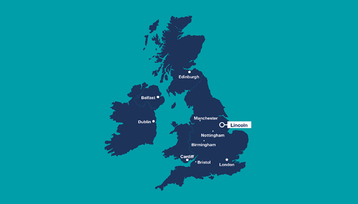 A Map of the UK with key cities including Lincoln marked up