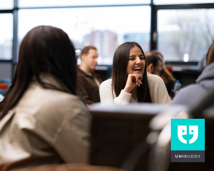 Students chatting with friends in a cafe