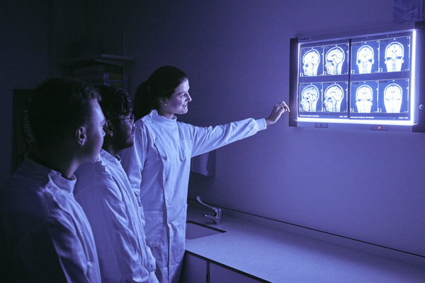 Students looking at a brain scan