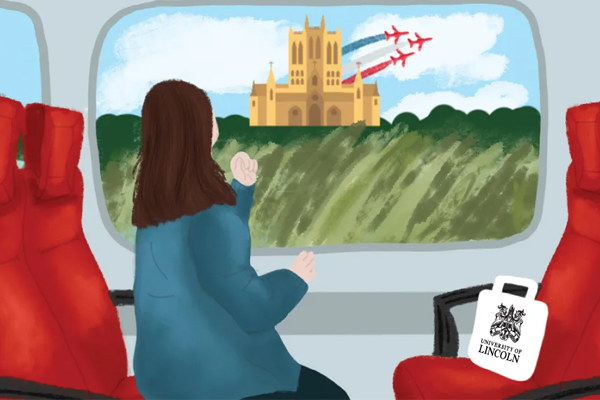 An illustration of a person travelling to Lincoln by train