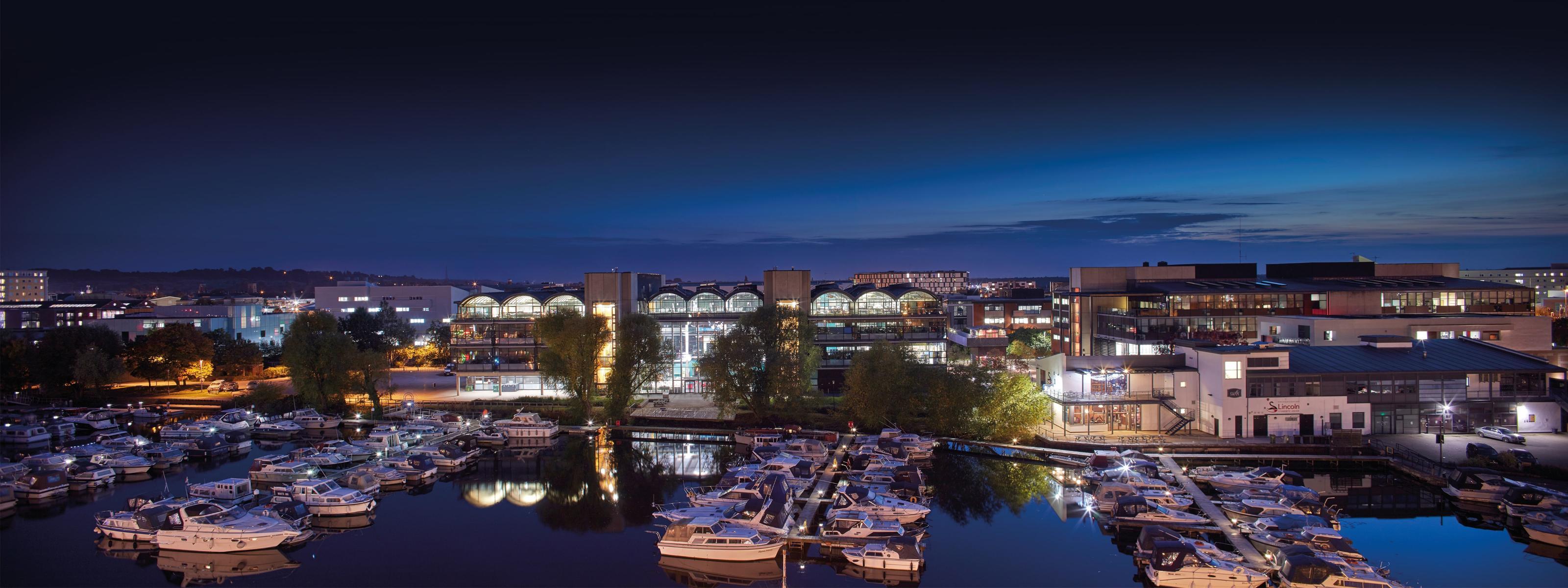 The University of Lincoln's Brayford Campus at night