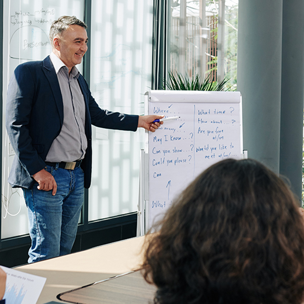 Smartly dressed business man presenting with a flip chart