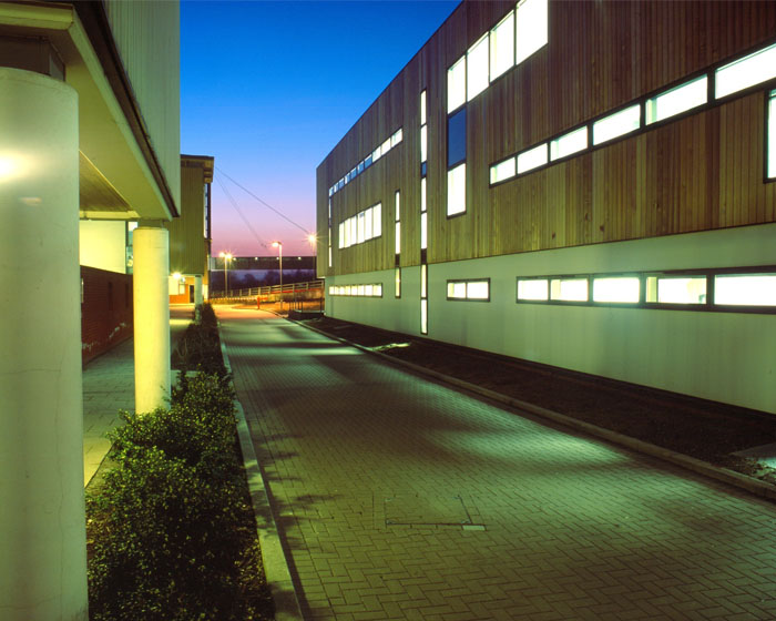 Campus buildings and walkway lit up at dusk