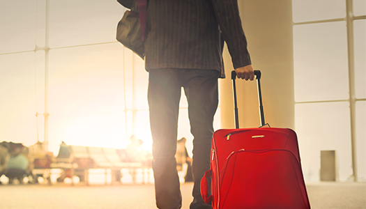 A man walking in an airport pulling his luggage