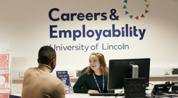 A student sitting with a careers advisor.