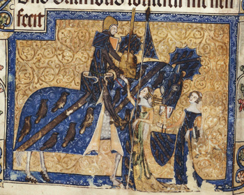 Depiction of Sir Geoffrey Luttrell, with his wife and his daughter-in-law, from the Luttrell Psalter