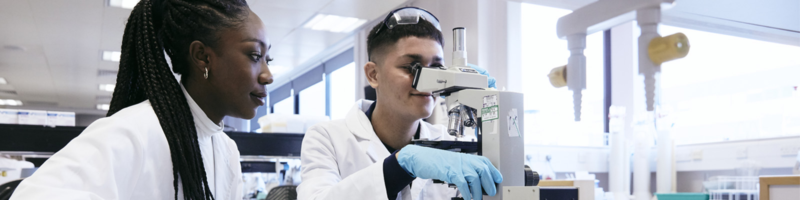 Two students looking through a microscope in a laboratory