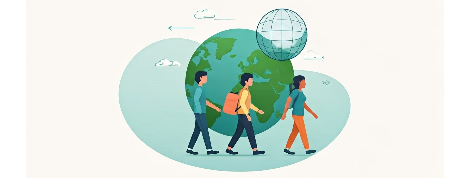An illustration of three people travelling the world