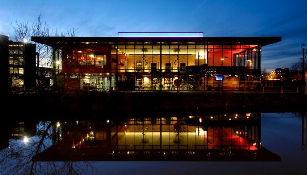 Exterior shot of the University of Lincoln Students' Union at dusk.