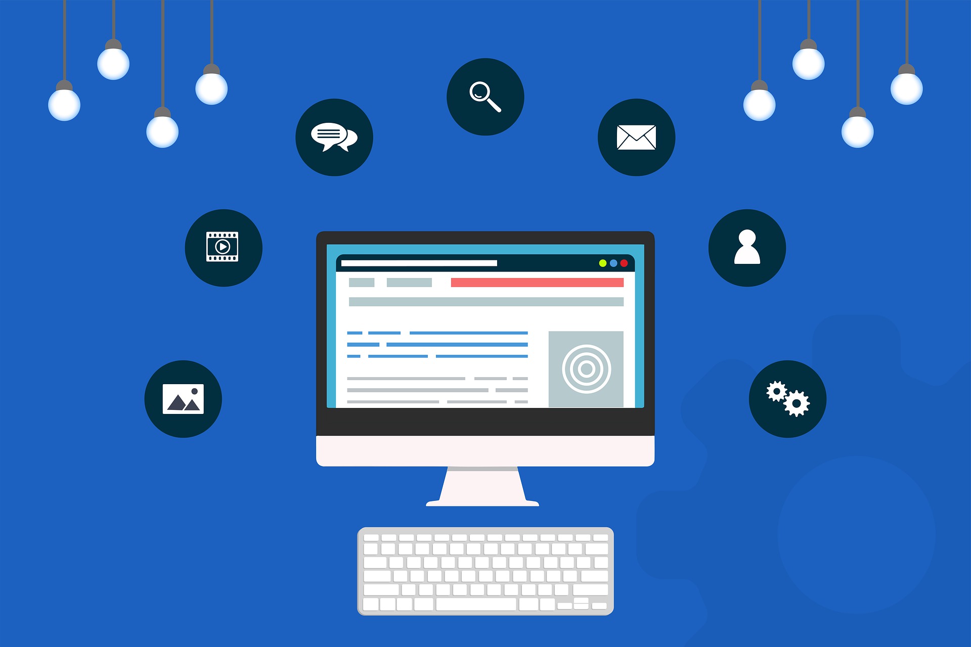 A computer and icons representing website design